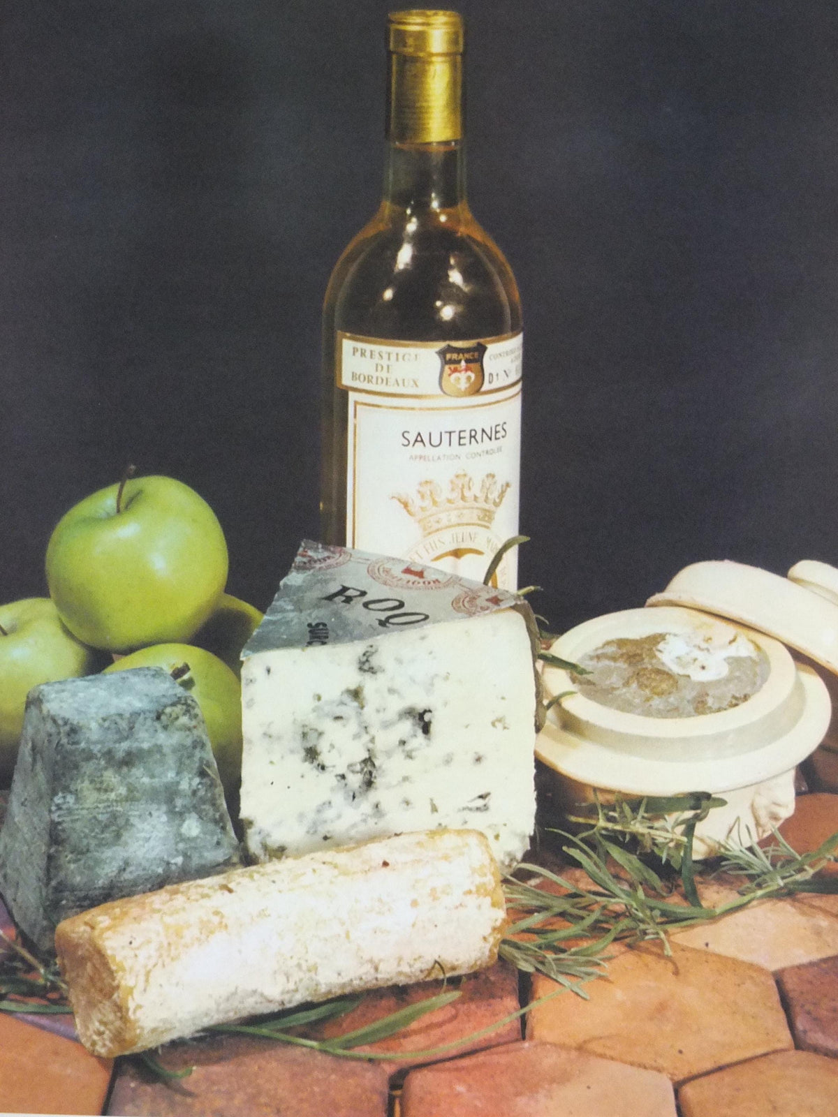 1960s Cheeses of France Poster, Roquefort cheeses & apples, Fromages de France, Foie gras, Sauternes, kitchenalia wall art decor