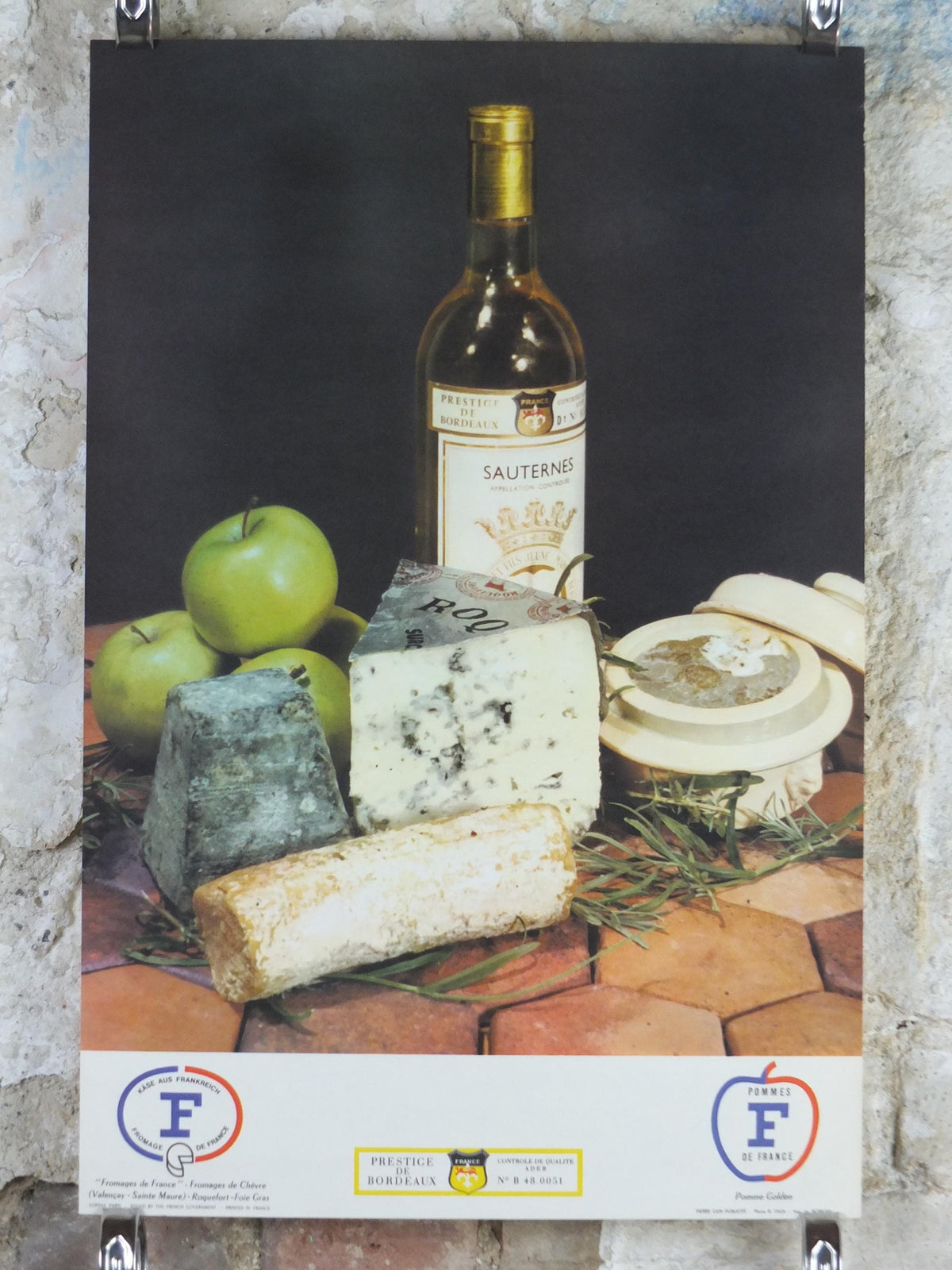 1960s Cheeses of France Poster, Roquefort cheeses & apples, Fromages de France, Foie gras, Sauternes, kitchenalia wall art decor