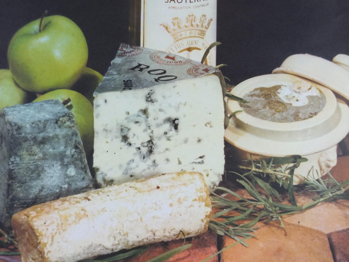 1960s Cheeses of France Poster, Roquefort cheeses & apples, Fromages de France, Foie gras, Sauternes, kitchenalia wall art decor