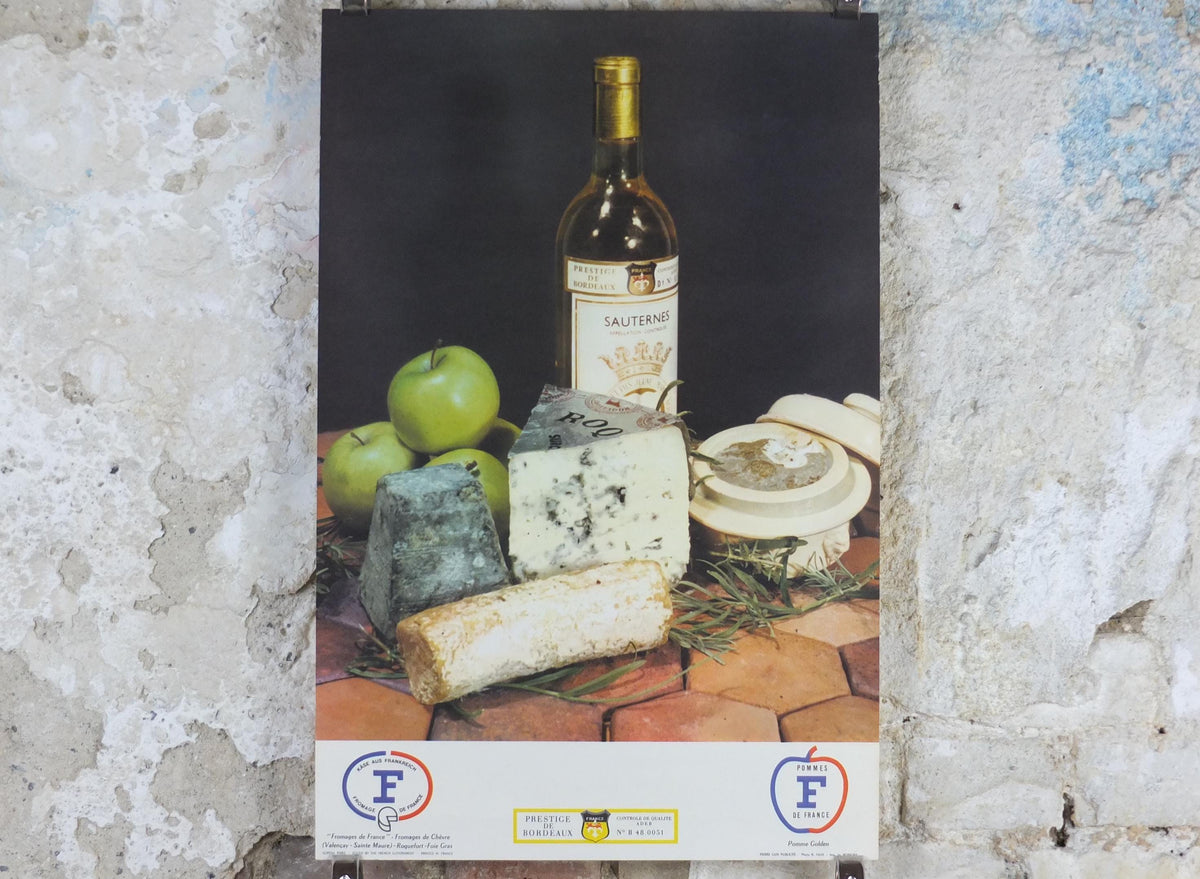1960s Cheeses of France Poster, Roquefort cheeses & apples, Fromages de France, Foie gras, Sauternes, kitchenalia wall art decor