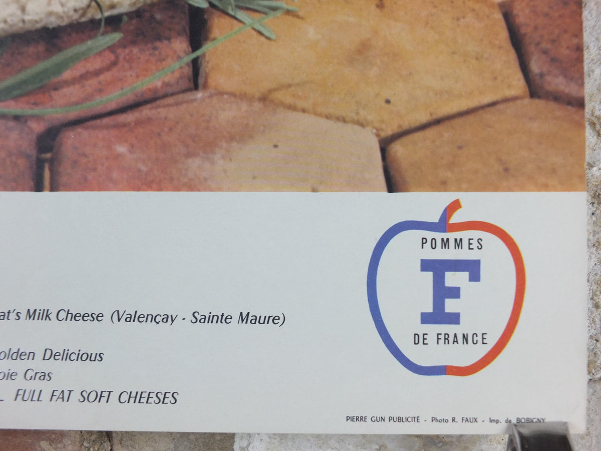 1960s Cheeses of France Poster, Roquefort cheeses & apples, Fromages de France, Foie gras, Sauternes, kitchenalia wall art decor