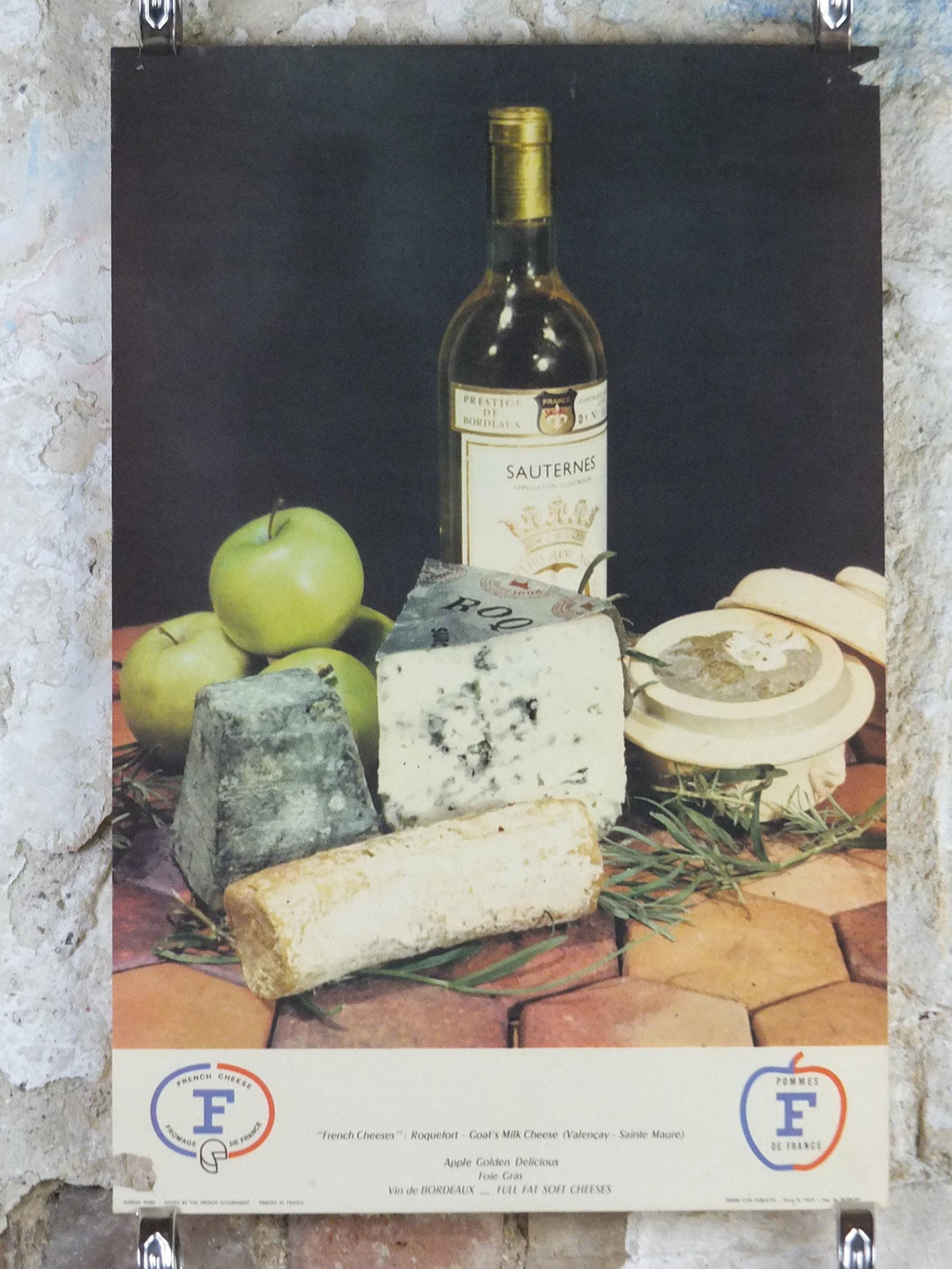 1960s Cheeses of France Poster, Roquefort cheeses & apples, Fromages de France, Foie gras, Sauternes, kitchenalia wall art decor