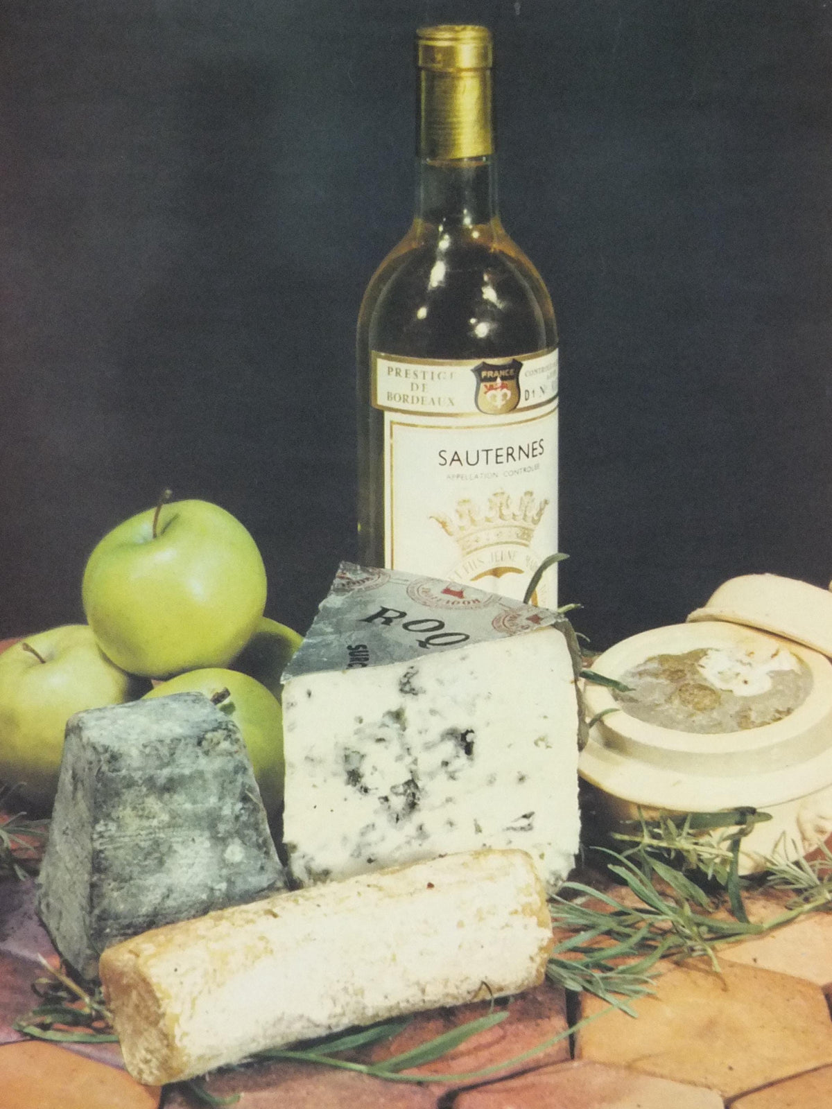 1960s Cheeses of France Poster, Roquefort cheeses & apples, Fromages de France, Foie gras, Sauternes, kitchenalia wall art decor