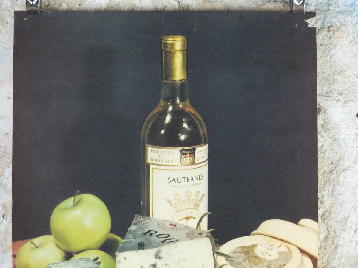 1960s Cheeses of France Poster, Roquefort cheeses & apples, Fromages de France, Foie gras, Sauternes, kitchenalia wall art decor