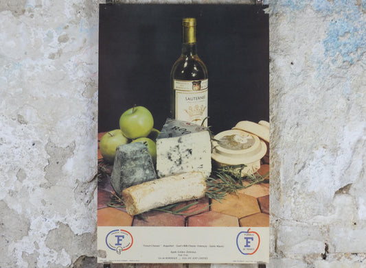 1960s Cheeses of France Poster, Roquefort cheeses & apples, Fromages de France, Foie gras, Sauternes, kitchenalia wall art decor