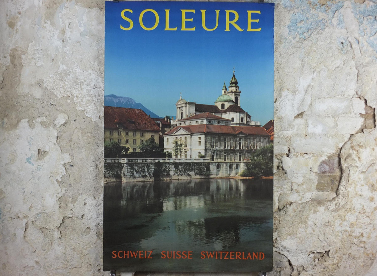 1960s Solothurn Poster, Soleure Switzerland, Cathedral of Saint Ursus on the River Aare, Suisse Schweiz Travel poster, wall art decor