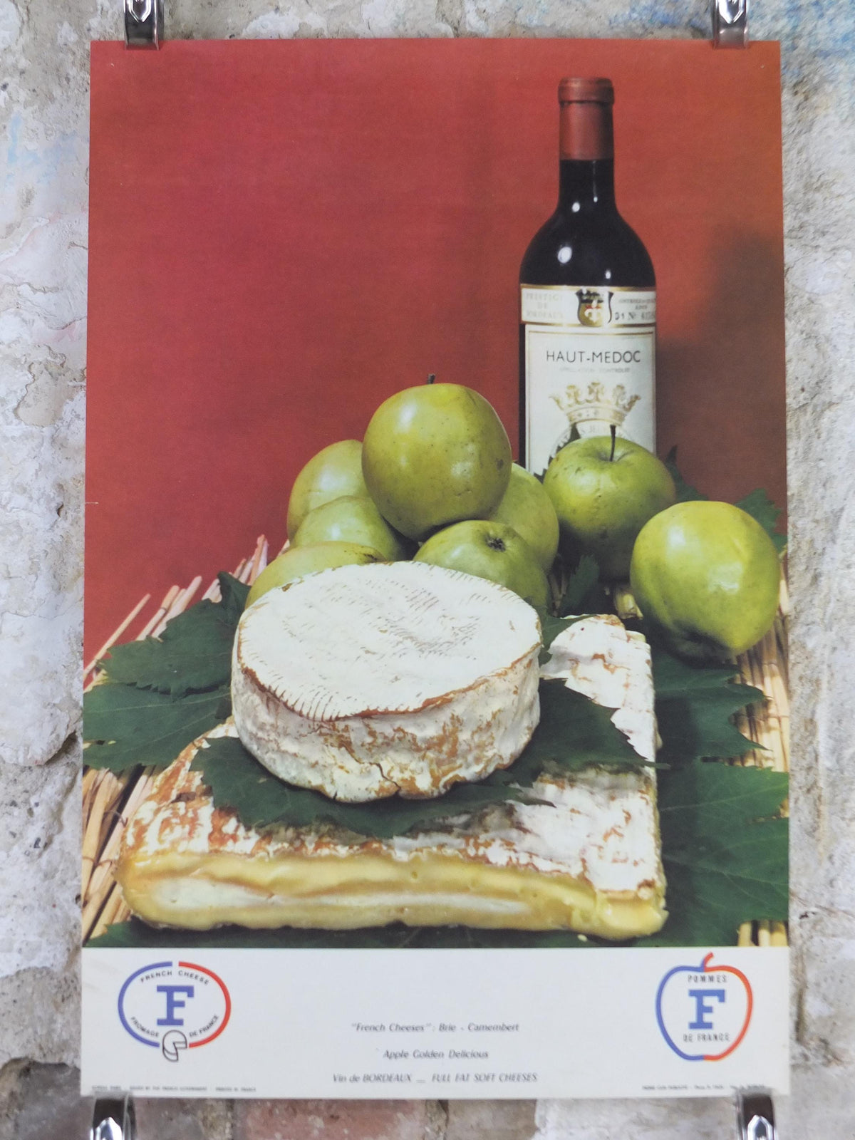 1960s Cheeses of France Poster, soft cheeses with apples, Fromages de France, cheesemaking, Haut Medoc, kitchenalia wall art decor