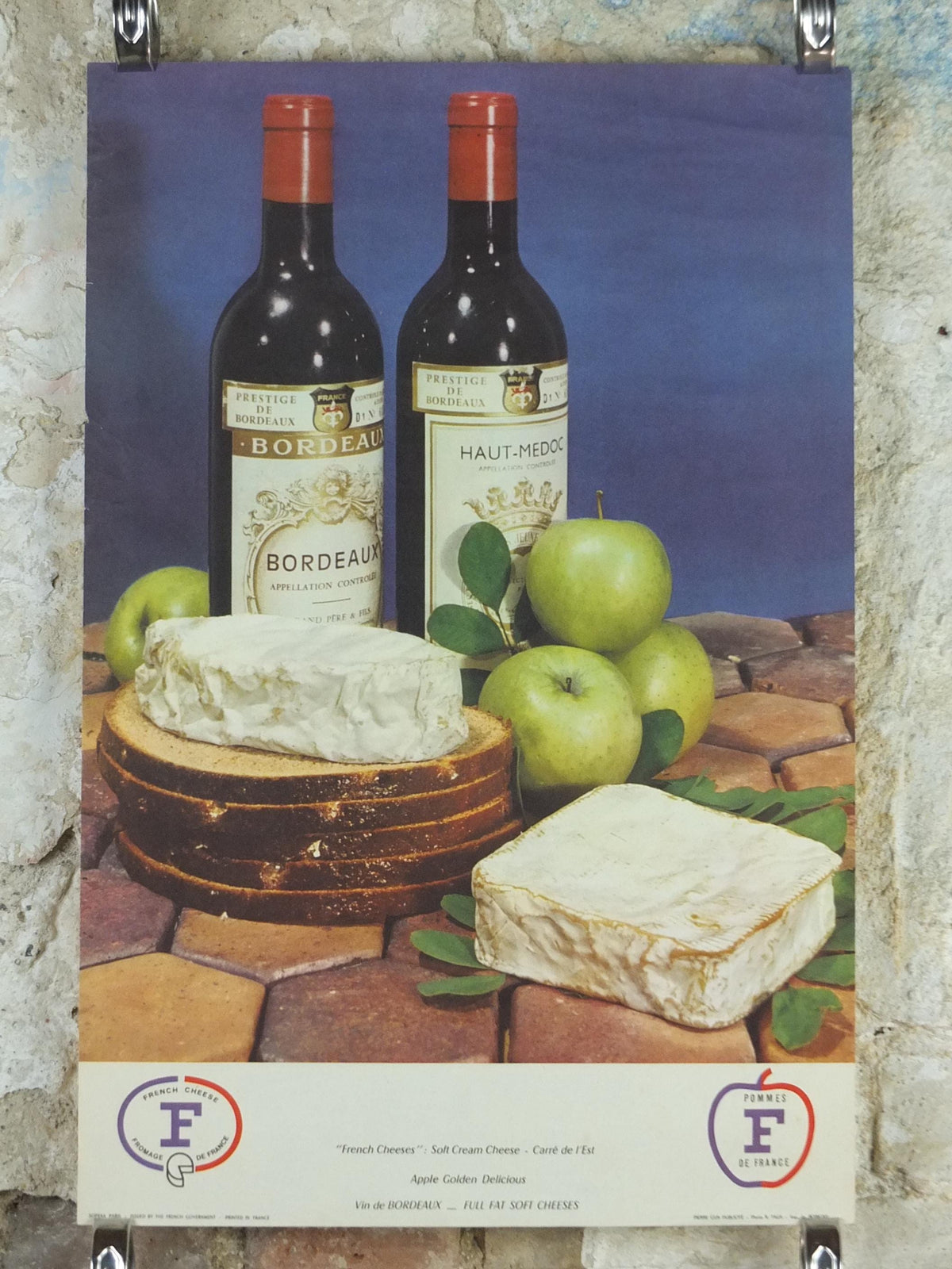 1960s Cheeses of France Poster, soft cheeses with apples, Fromages de France, cheesemaking, Bordeaux viticulture, kitchenalia wall art decor