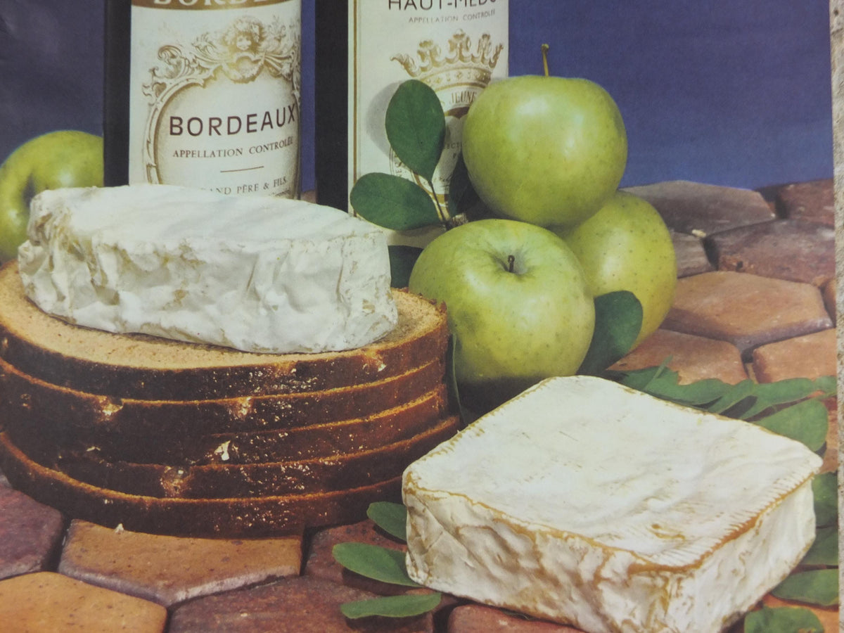1960s Cheeses of France Poster, soft cheeses with apples, Fromages de France, cheesemaking, Bordeaux viticulture, kitchenalia wall art decor