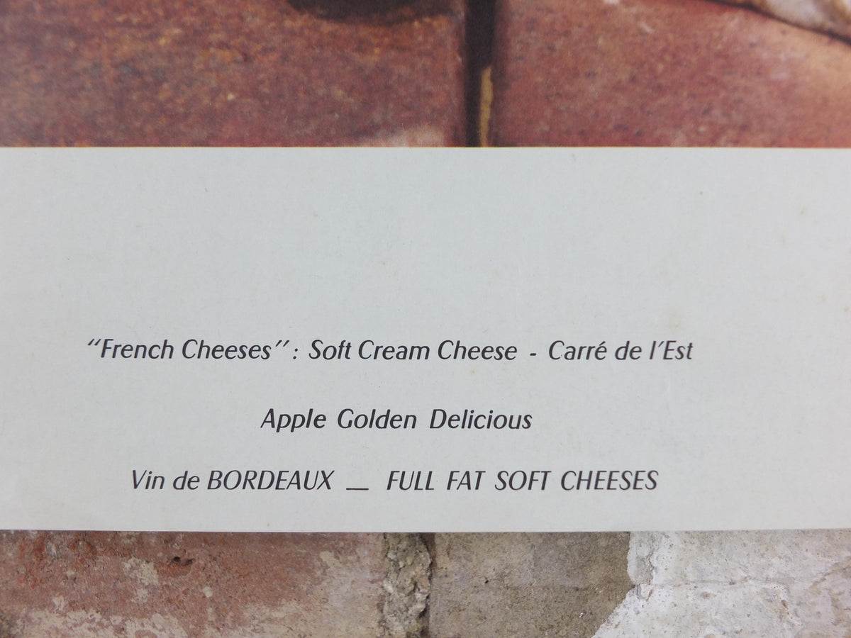 1960s Cheeses of France Poster, soft cheeses with apples, Fromages de France, cheesemaking, Bordeaux viticulture, kitchenalia wall art decor