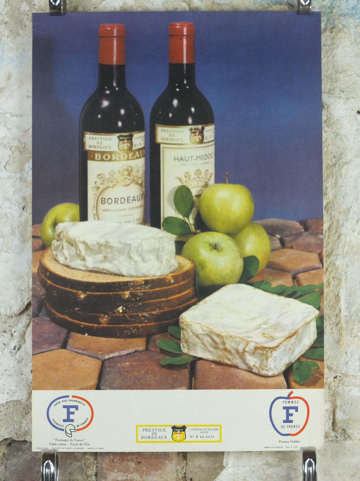 1960s Cheeses of France Poster, soft cheeses with apples, Fromages de France, cheesemaking, Bordeaux viticulture, kitchenalia wall art decor