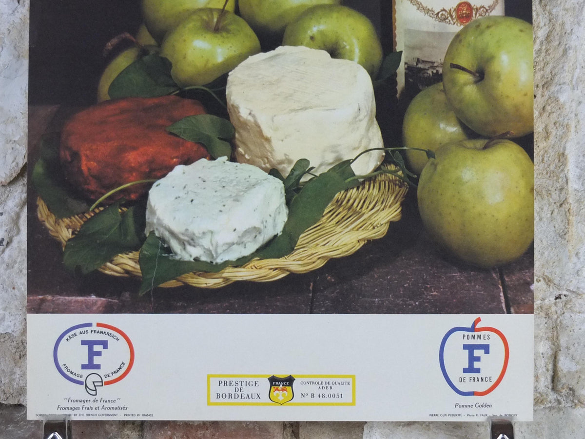 1960s Cheeses of France Poster, soft cheeses & apples, Fromages de France, cheesemaking, Saint-Emelion, kitchenalia wall art decor