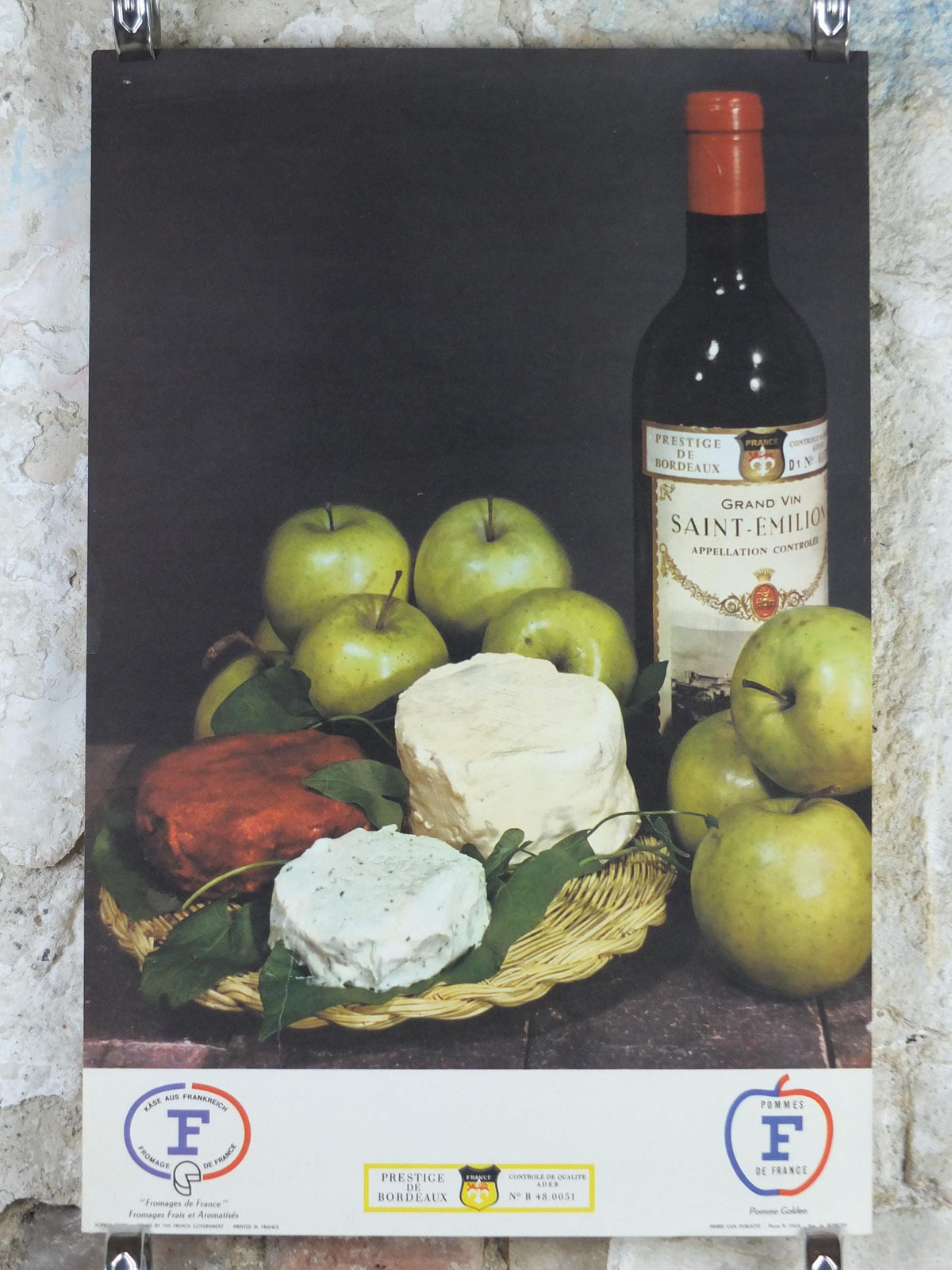 1960s Cheeses of France Poster, soft cheeses & apples, Fromages de France, cheesemaking, Saint-Emelion, kitchenalia wall art decor