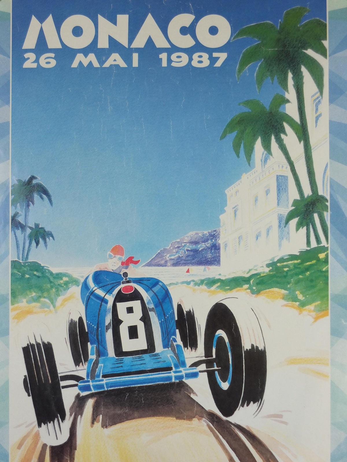 1987 Monaco Christies Poster, Bugatti and Ferrari auction advertising, retro sports car wall art decor