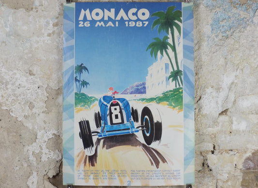 1987 Monaco Christies Poster, Bugatti and Ferrari auction advertising, retro sports car wall art decor