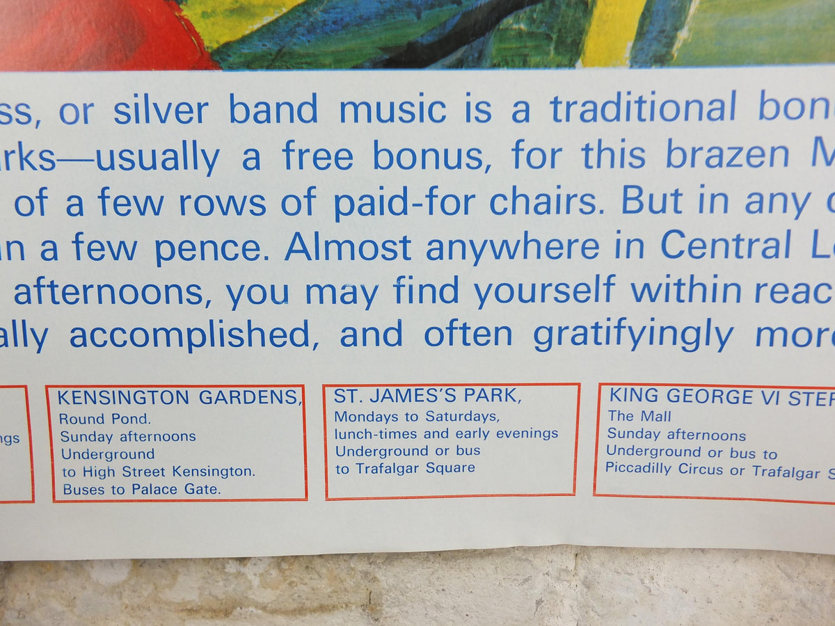1973 Bands in the Park Poster, London Underground, Military Brass Band, London Parks, by Ronald Glendening, The Tube, travel wall art decor