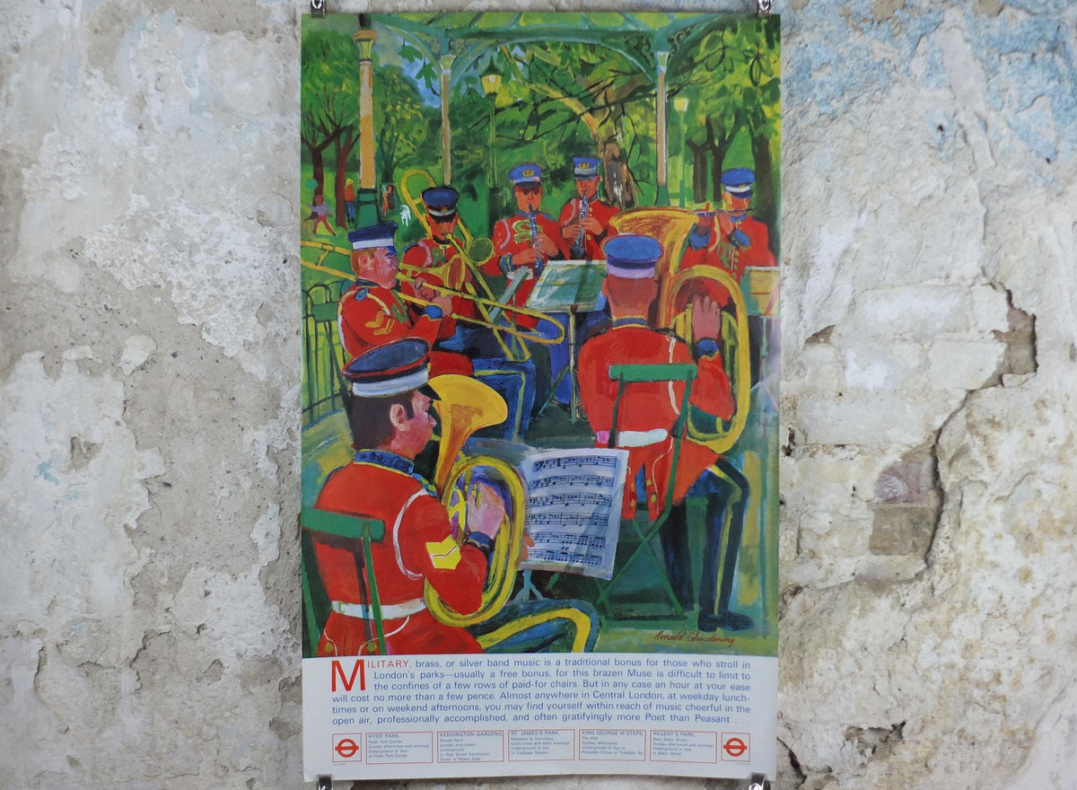 1973 Bands in the Park Poster, London Underground, Military Brass Band, London Parks, by Ronald Glendening, The Tube, travel wall art decor
