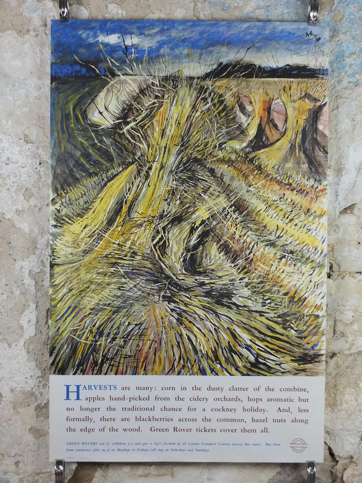 1965 Harvests Poster, London Underground, Hay bales in the rural countryside, by Anthony Rossiter, The Tube, travel wall art decor