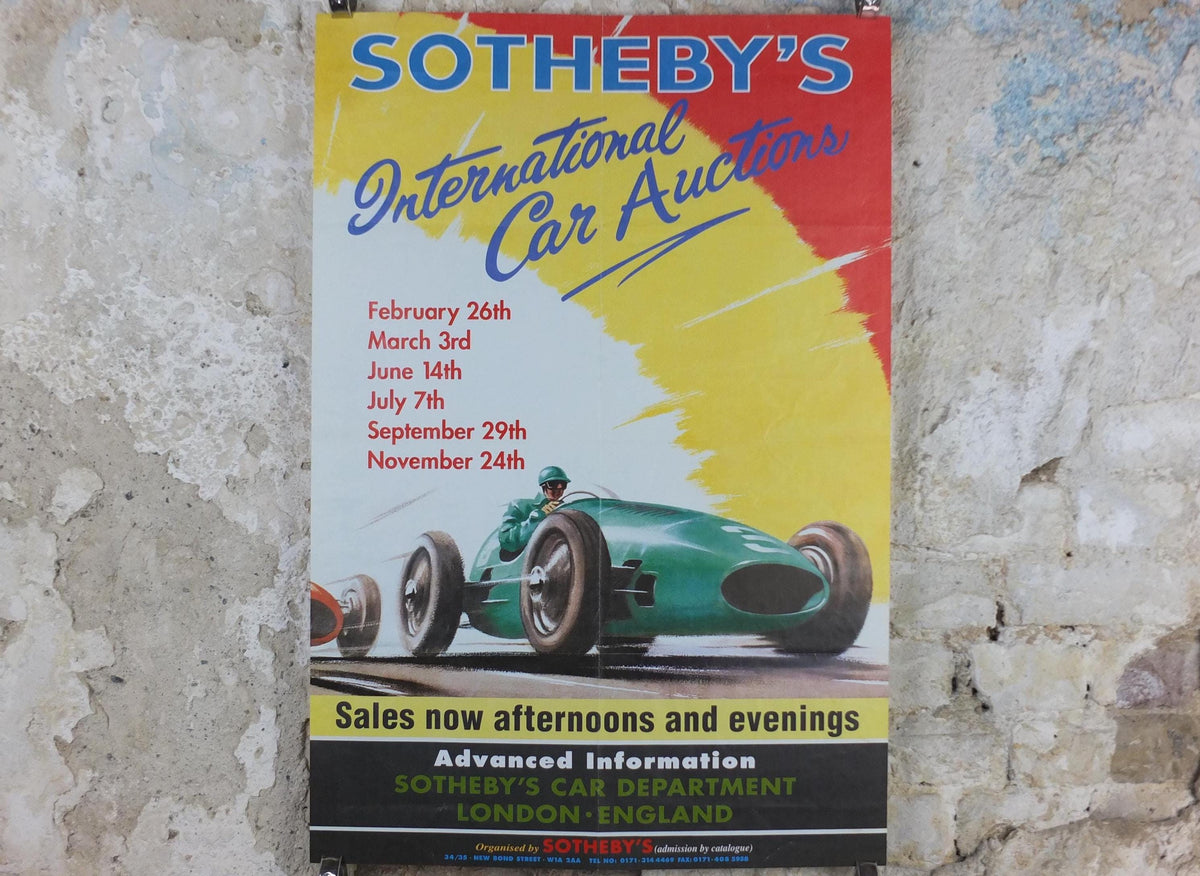 1980s Sothebys International Car Auction Poster, car auction advertising, Sotheby's London, retro sports car wall art decor