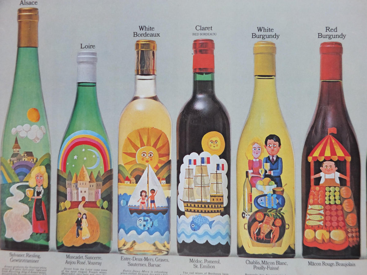 1970s Wines of France Poster, Types of French wines, Vins de France, advertising and marketing, kitchen Viticulture print wall art decor