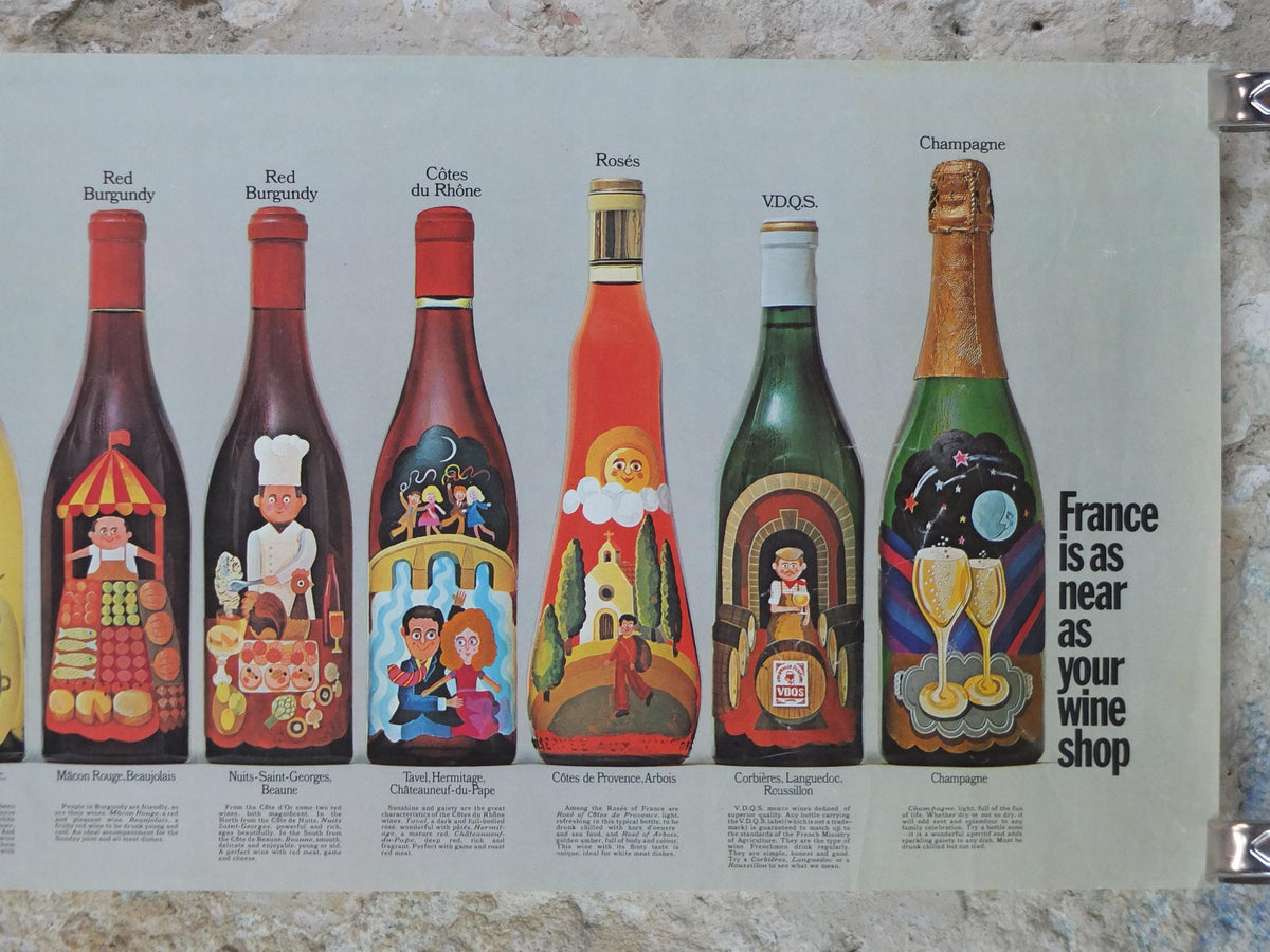 1970s Wines of France Poster, Types of French wines, Vins de France, advertising and marketing, kitchen Viticulture print wall art decor