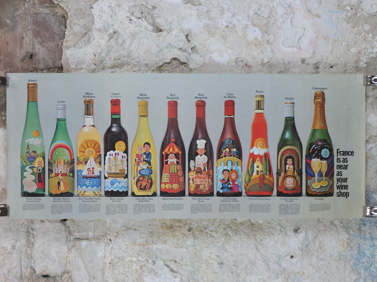1970s Wines of France Poster, Types of French wines, Vins de France, advertising and marketing, kitchen Viticulture print wall art decor