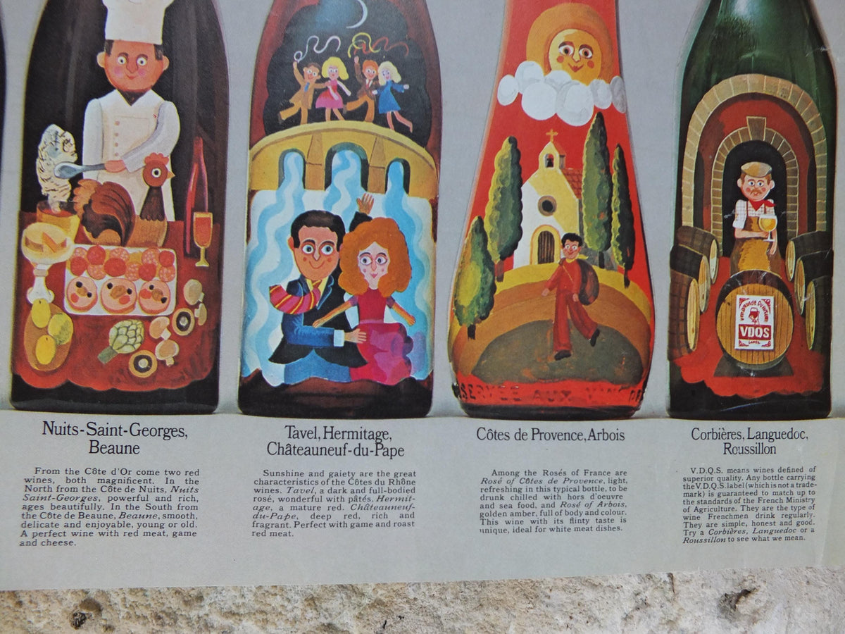 1970s Wines of France Poster, Types of French wines, Vins de France, advertising and marketing, kitchen Viticulture print wall art decor