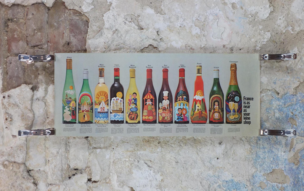 1970s Wines of France Poster, Types of French wines, Vins de France, advertising and marketing, kitchen Viticulture print wall art decor