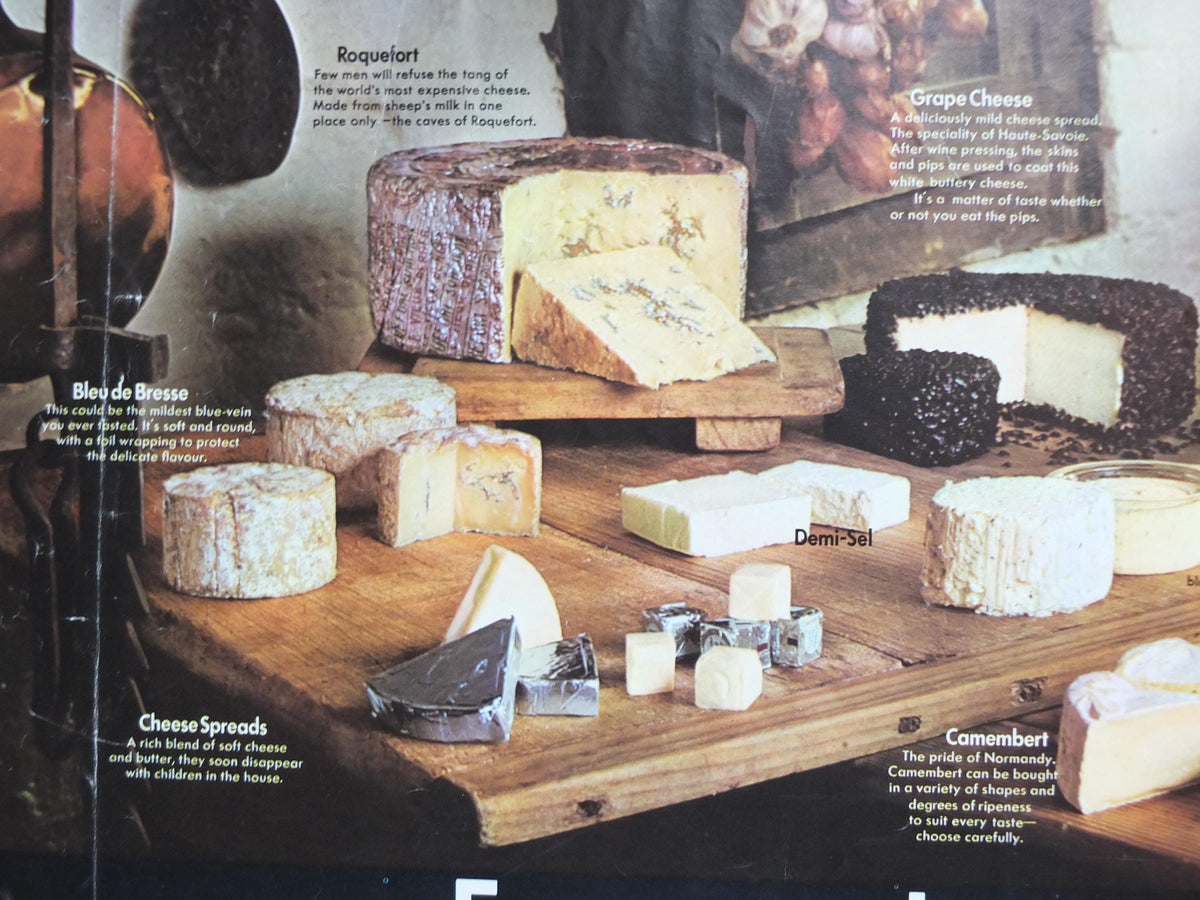 1970s Cheeses of France Poster, Fromages de France, Roquefort, Brie, Camembert, cheesemaking, kitchenalia wall art decor