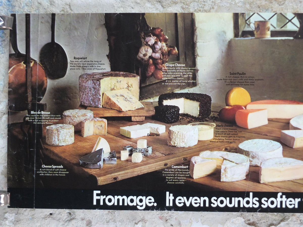1970s Cheeses of France Poster, Fromages de France, Roquefort, Brie, Camembert, cheesemaking, kitchenalia wall art decor