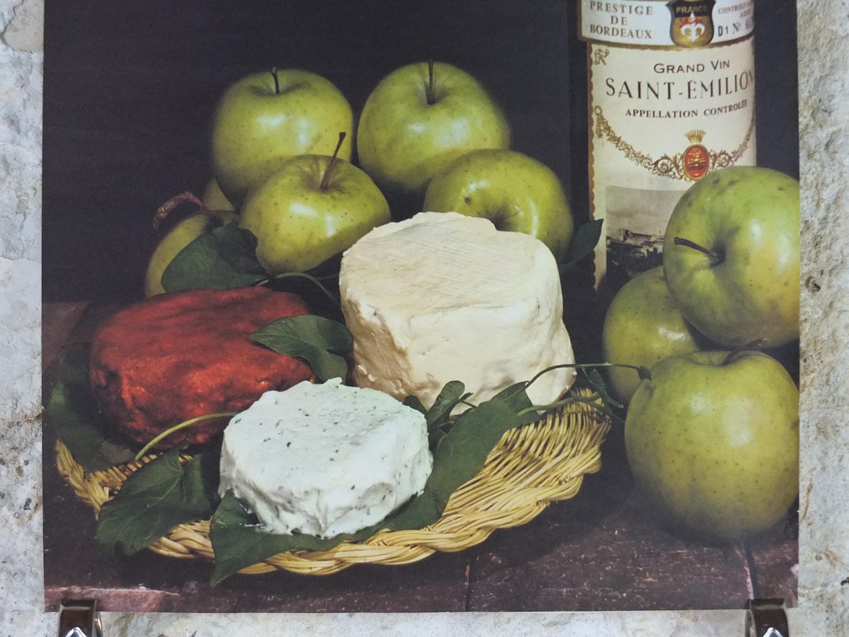 1960s Cheeses of France Poster, soft cheeses & apples, Fromages de France, TRIMMED, cheesemaking, Saint-Emelion, kitchenalia wall art decor