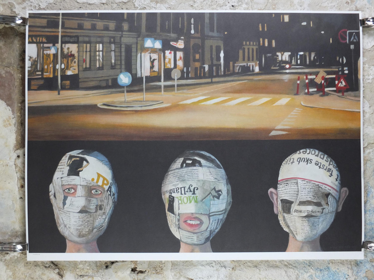 2016 Niels Rahbæk Poster, Anti-media Night Cityscape, Blinded by News, Social Media Propaganda, Scandinavian Danish Design, wall art decor