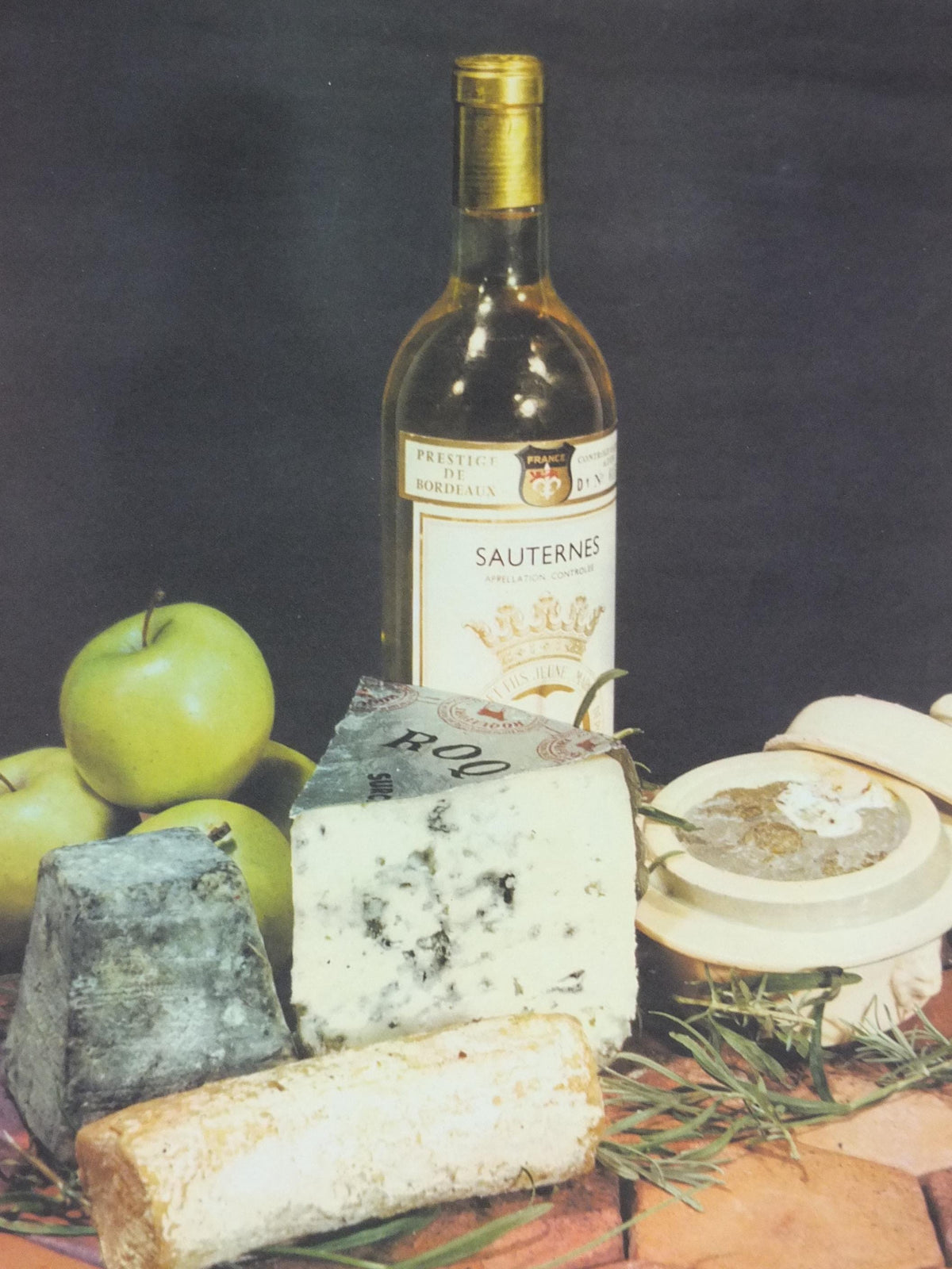 1960s Cheeses of France Poster, Roquefort cheeses & apples, Fromages de France, TRIMMED, cheesemaking, Sauternes, kitchenalia wall art decor