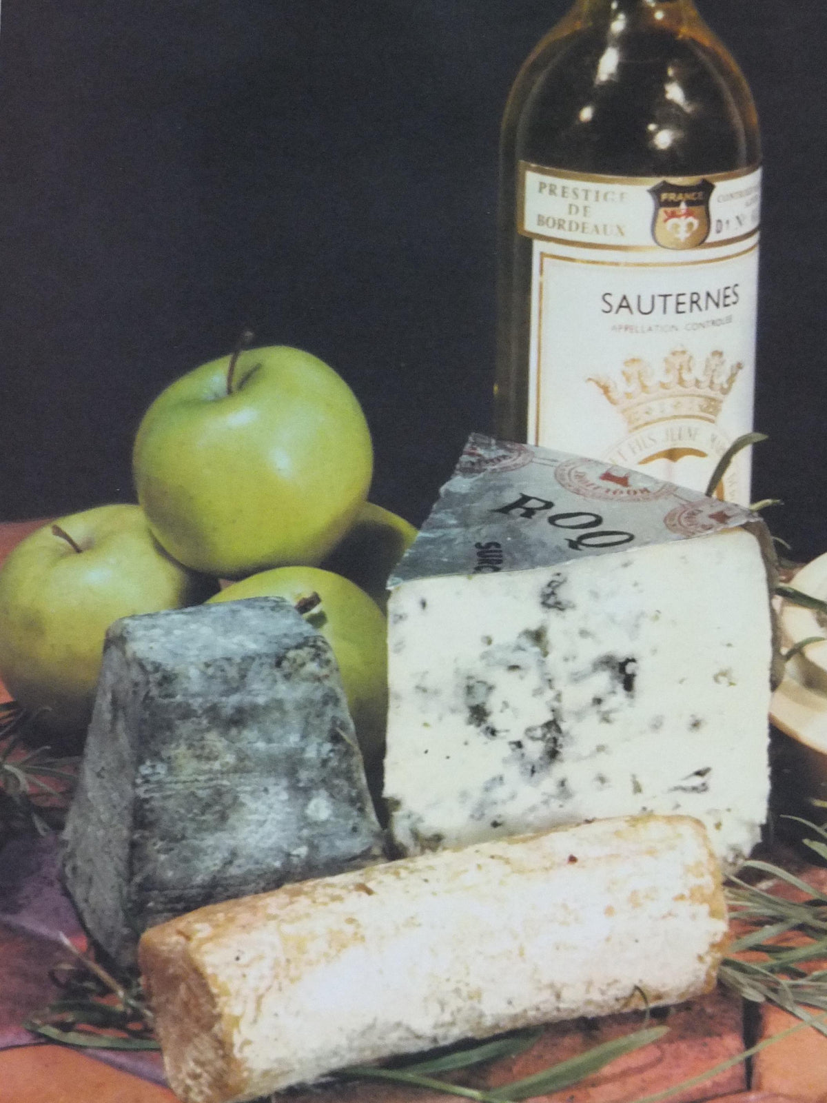 1960s Cheeses of France Poster, Roquefort cheeses & apples, Fromages de France, TRIMMED, cheesemaking, Sauternes, kitchenalia wall art decor