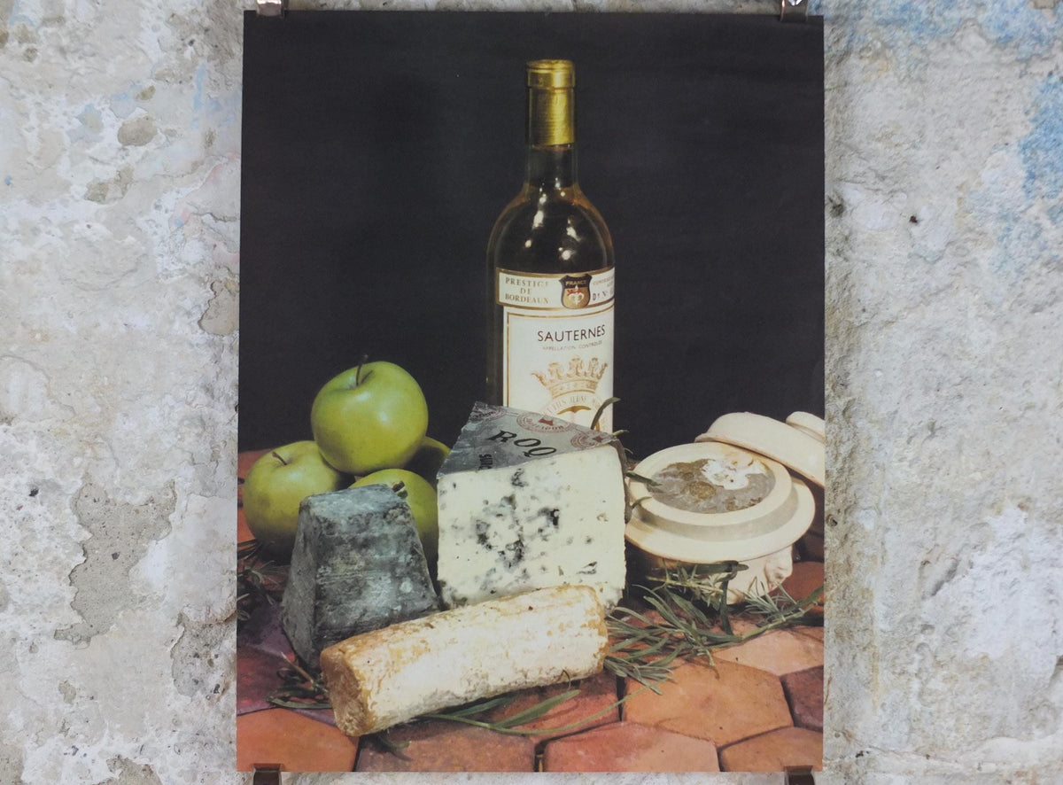 1960s Cheeses of France Poster, Roquefort cheeses & apples, Fromages de France, TRIMMED, cheesemaking, Sauternes, kitchenalia wall art decor