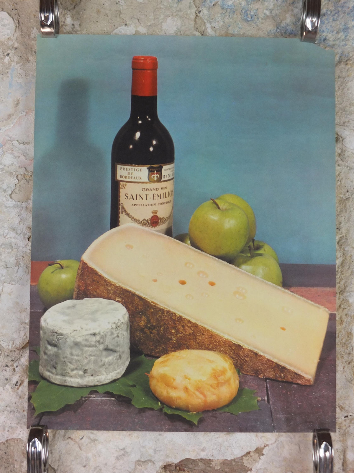 1960s Cheeses of France Poster, Comte, Munster and Blue de Bresse cheeses & apples, Fromages de France, TRIMMED, cheesemaking, Saint-Emelion, kitchenalia wall art decor