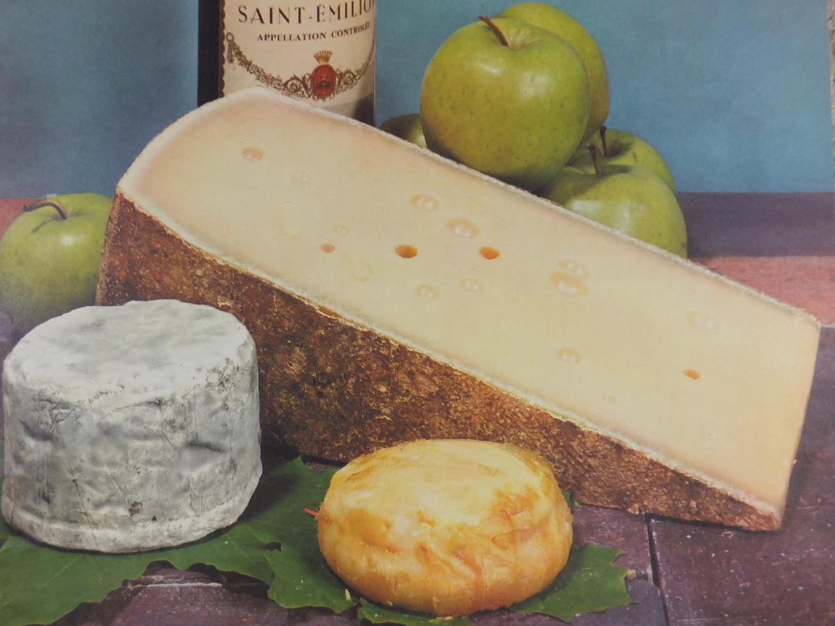 1960s Cheeses of France Poster, Comte cheeses & apples, Fromages de France, TRIMMED, cheesemaking, Saint-Emelion, kitchenalia wall art decor