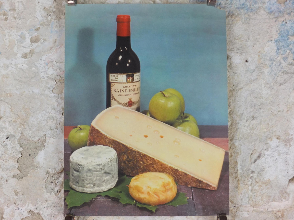 1960s Cheeses of France Poster, Comte cheeses & apples, Fromages de France, TRIMMED, cheesemaking, Saint-Emelion, kitchenalia wall art decor