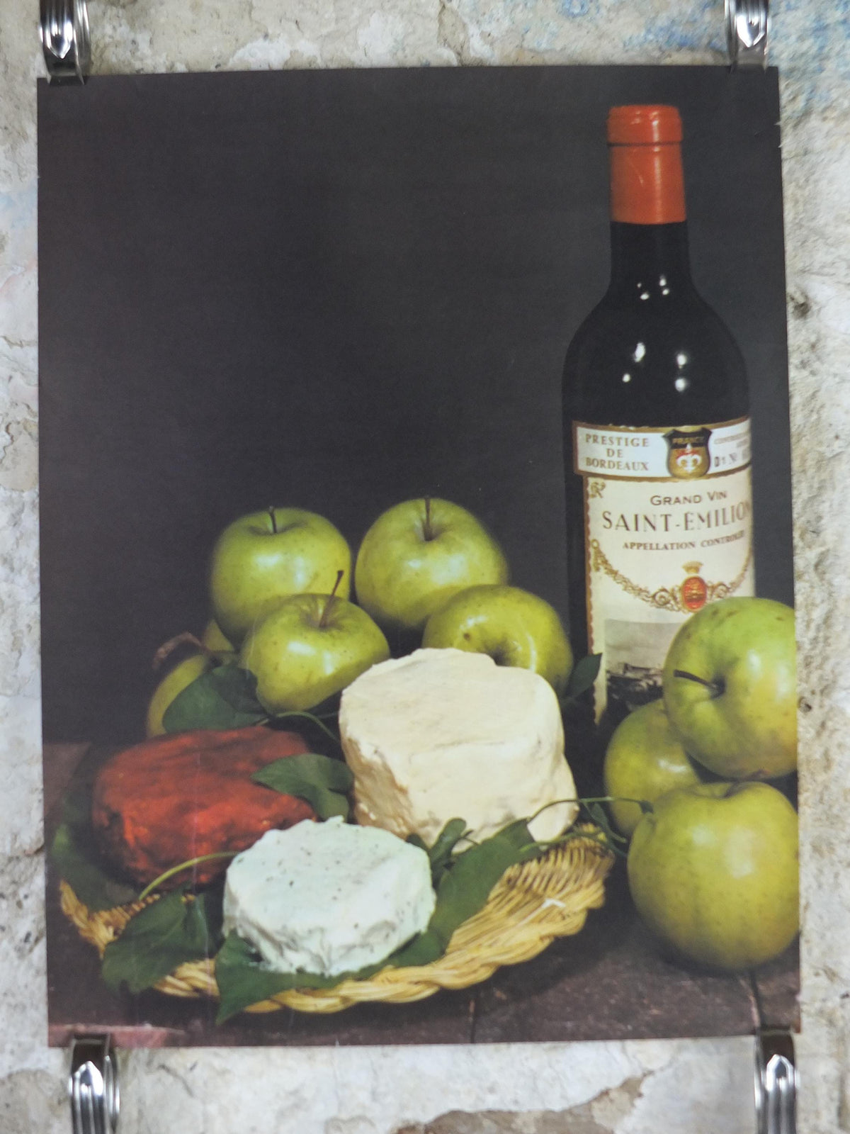 1960s Cheeses of France Poster, soft cheeses & apples, Fromages de France, TRIMMED, cheesemaking, Saint-Emelion, kitchenalia wall art decor
