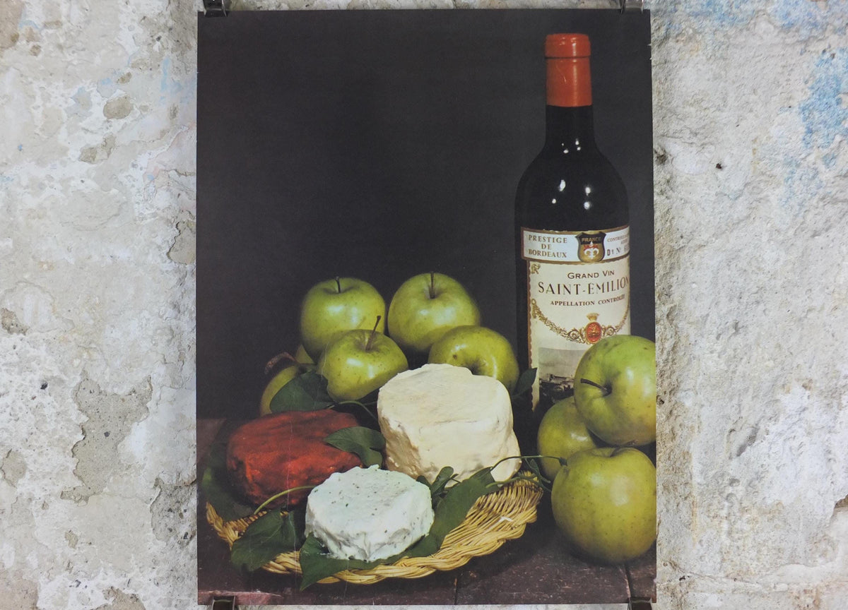 1960s Cheeses of France Poster, soft cheeses & apples, Fromages de France, TRIMMED, cheesemaking, Saint-Emelion, kitchenalia wall art decor