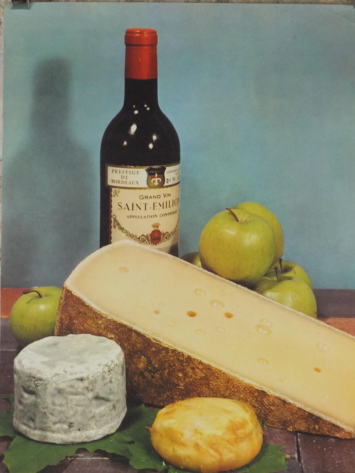 1960s Cheeses of France Poster, Comte Munster Blue de Bresse, cheeses & apples, Fromages de France, Saint-Emelion kitchenalia wall art decor