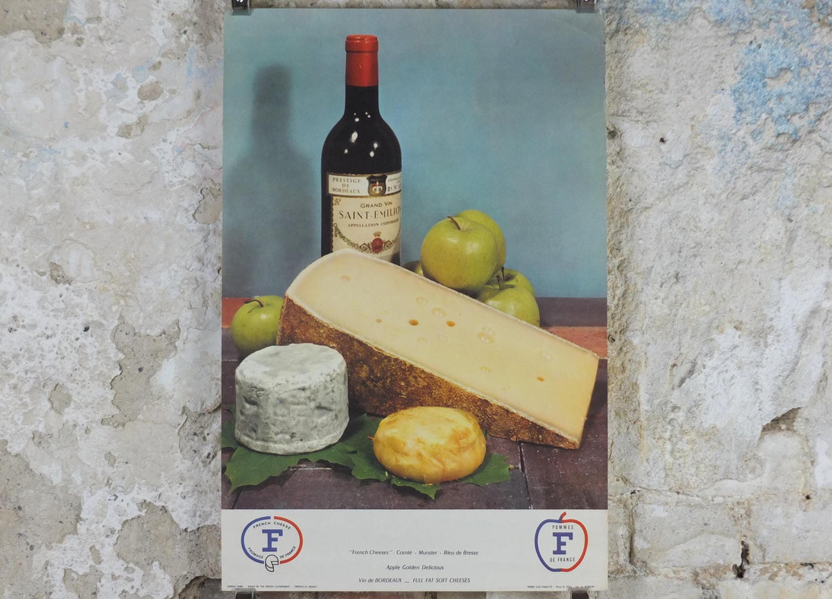 1960s Cheeses of France Poster, Comte, Munster, Bleu de Bresse cheeses & apples Fromages de France, Saint-Emelion kitchenalia wall art decor