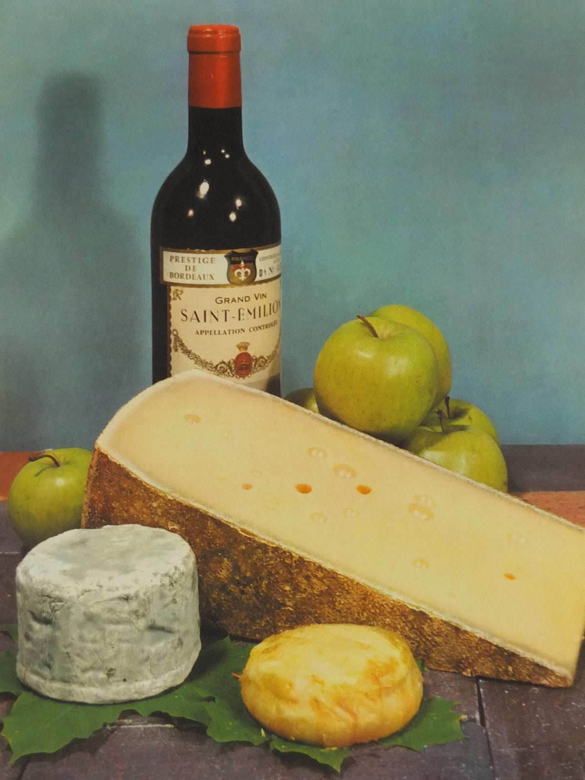 1960s Cheeses of France Poster, Comte, Munster, Bleu de Bresse cheeses & apples Fromages de France, Saint-Emelion kitchenalia wall art decor