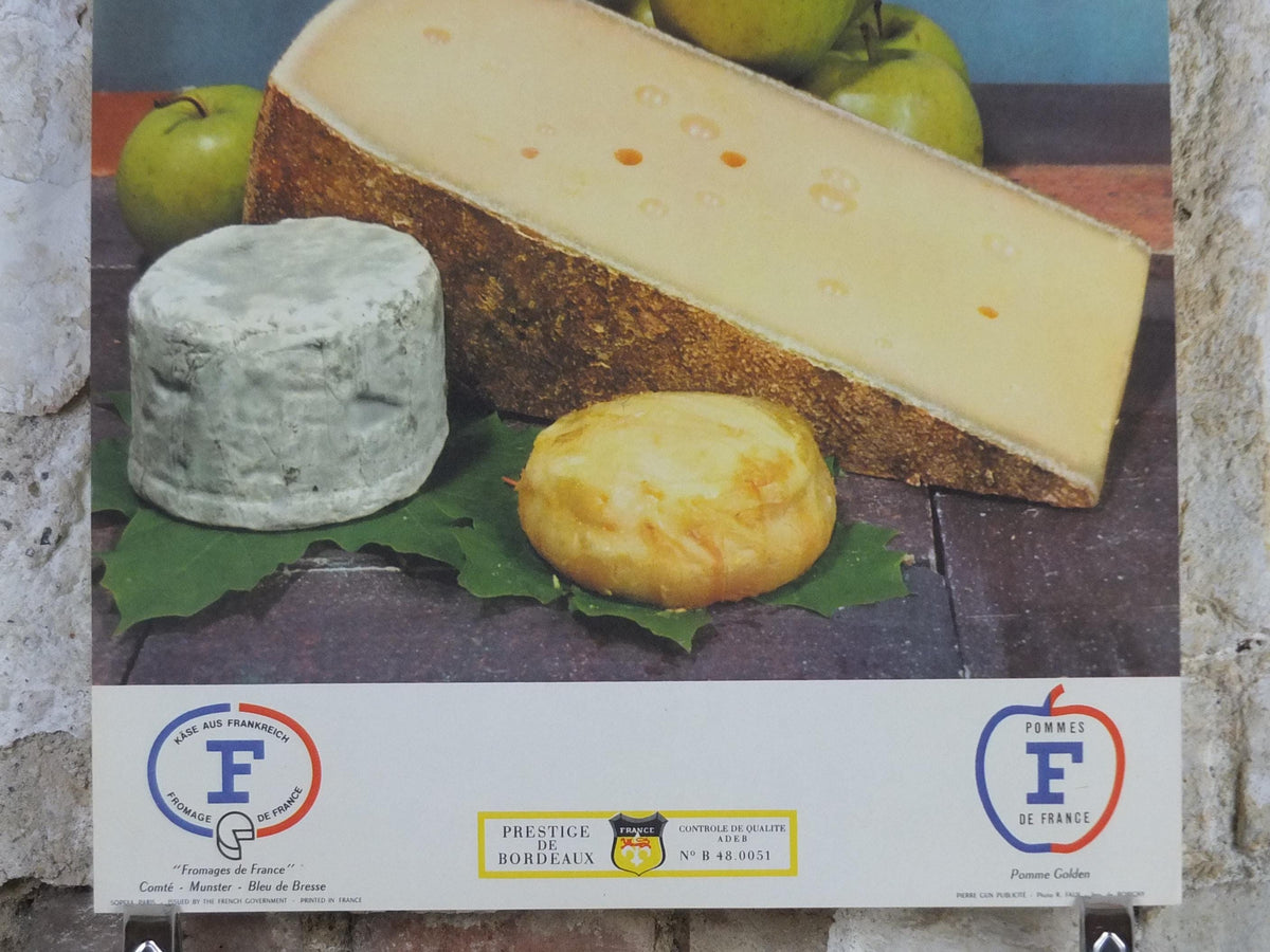 1960s Cheeses of France Poster, Comte, Munster, Bleu de Bresse cheeses & apples Fromages de France, Saint-Emelion kitchenalia wall art decor
