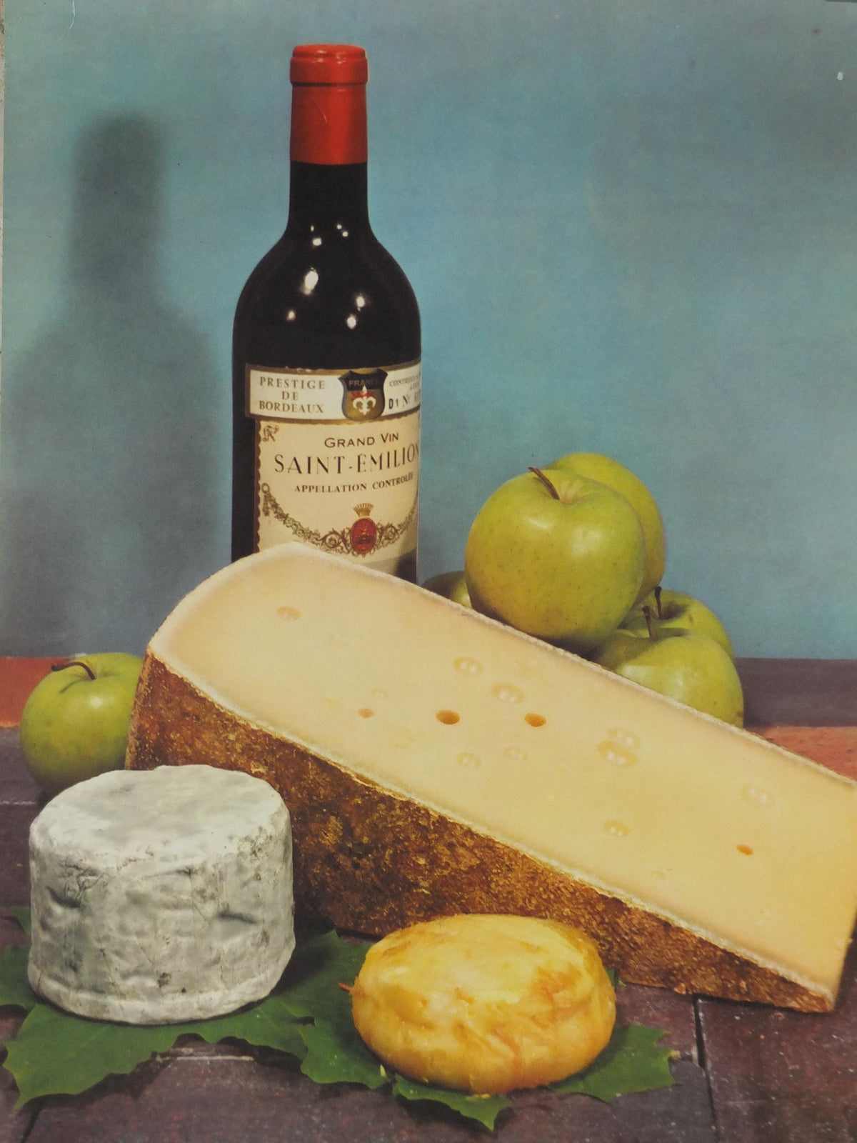 1960s Cheeses of France Poster, Comte, Munster, Bleu de Bresse cheeses & apples Fromages de France, Saint-Emelion kitchenalia wall art decor