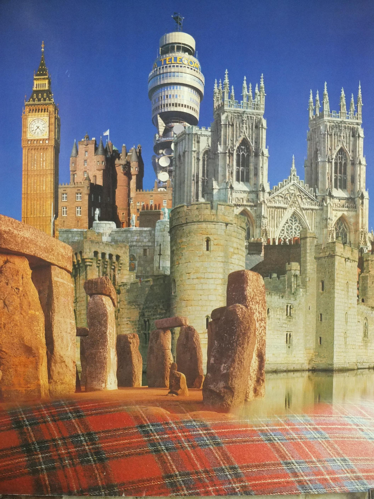 1970s Britain Poster, British Caledonian Airways, London, Stonehenge, Big Ben, York Minster, Tartan Aviation, travel wall art decor