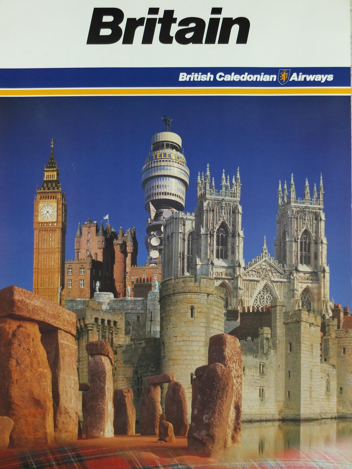 1970s Britain Poster, British Caledonian Airways, London, Stonehenge, Big Ben, York Minster, Tartan Aviation, travel wall art decor