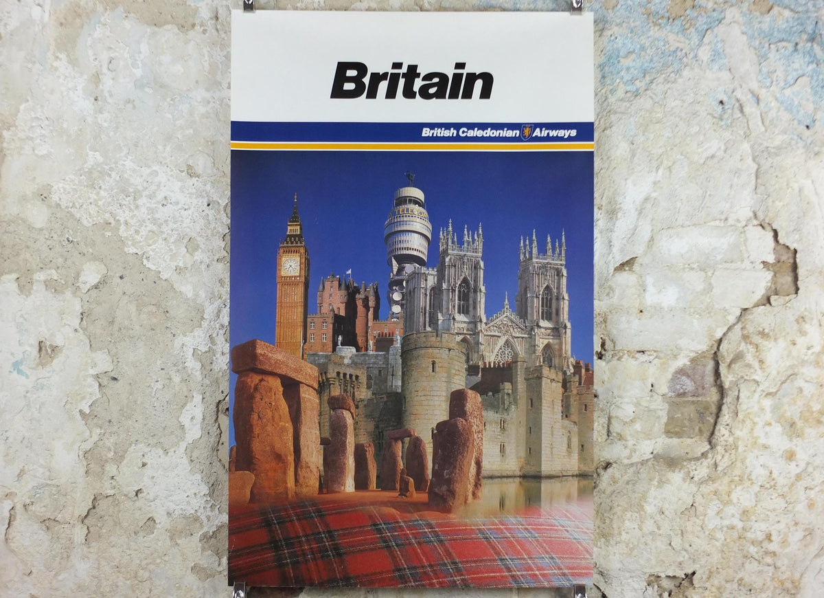 1970s Britain Poster, British Caledonian Airways, London, Stonehenge, Big Ben, York Minster, Tartan Aviation, travel wall art decor