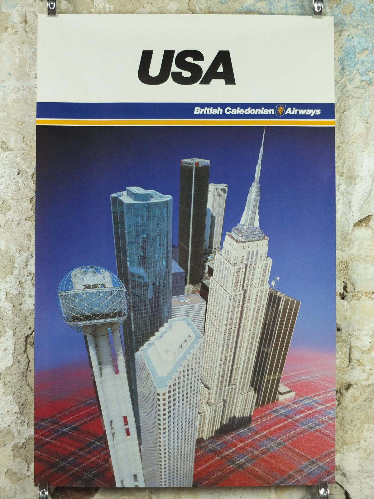 1970s USA Poster, British Caledonian Airways, Empire State Building New York, Reunion Tower Dallas, Tartan Aviation, travel wall art decor skyscrapers