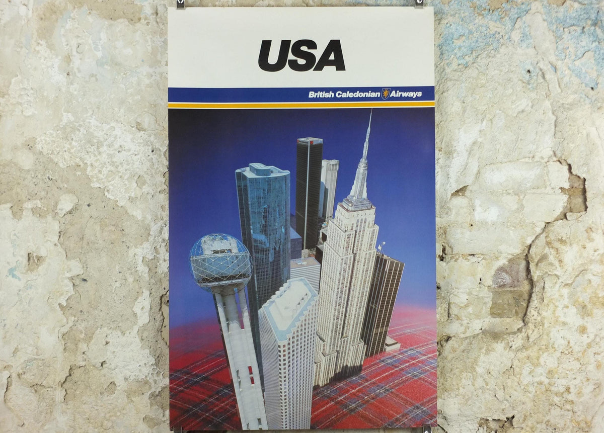 1970s USA Poster, British Caledonian Airways, Empire State Building New York, Reunion Tower Dallas, Tartan Aviation, travel wall art decor